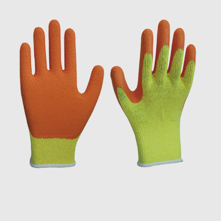 10 Gauge Orange Latex Coated Gloves with yellow polycotton shell